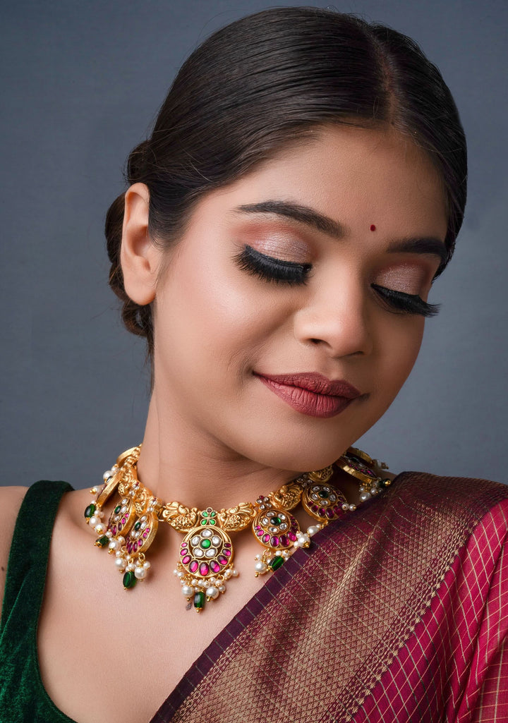 Temple Jewelry Jadau Necklace Set in Moon and Star designs with Gold Finish