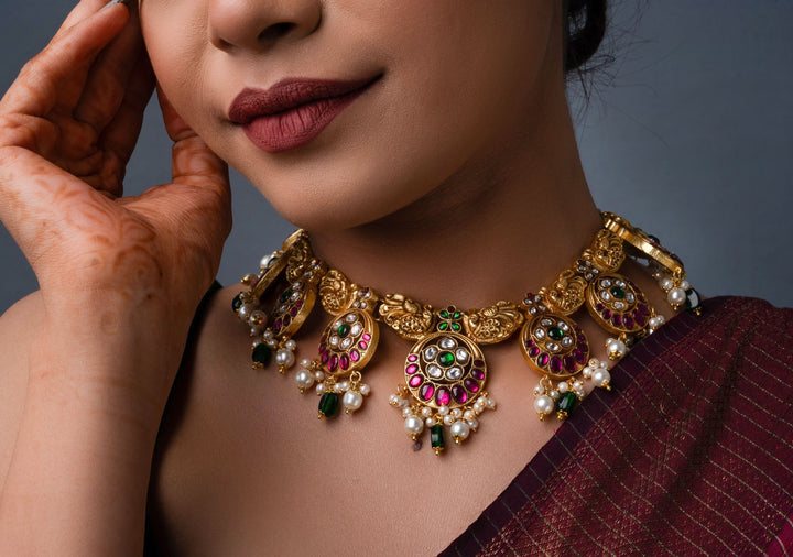 Temple Jewelry Jadau Necklace Set in Moon and Star designs with Gold Finish