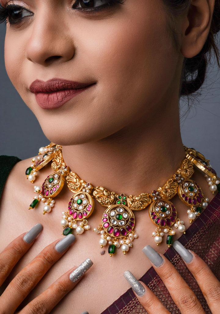 Temple Jewelry Jadau Necklace Set in Moon and Star designs with Gold Finish