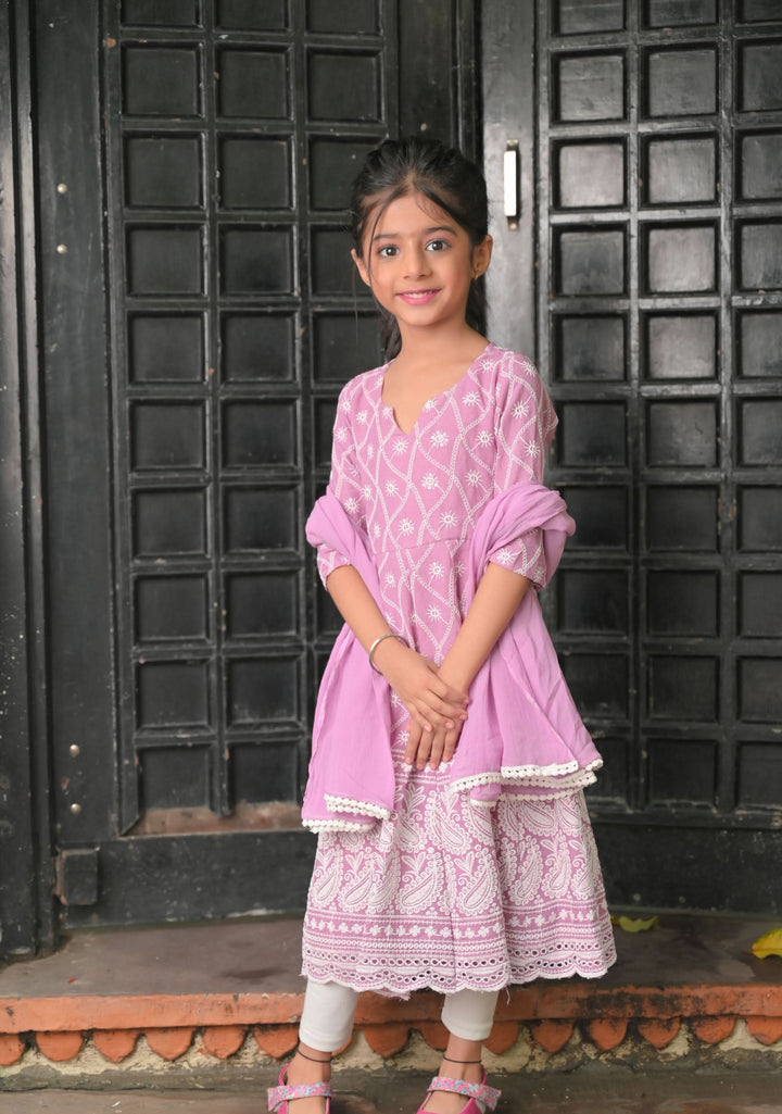 Orchid chikankari anarkali 3 Piece set - twinning option for Girls  |  Made To Order