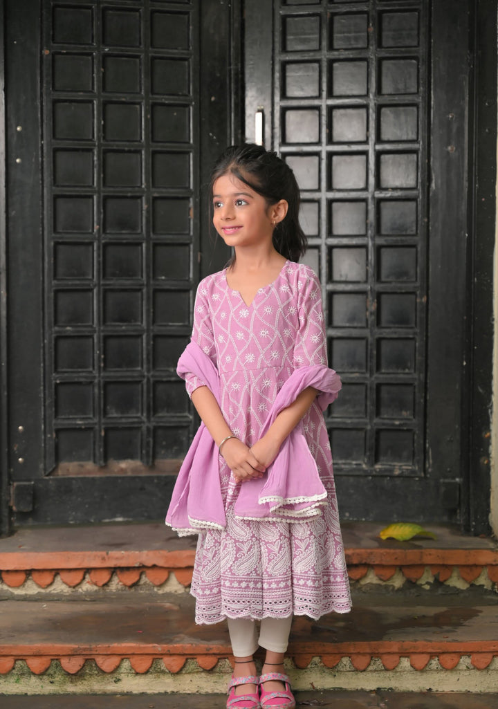 Orchid chikankari anarkali 3 Piece set - twinning option for Girls  |  Made To Order