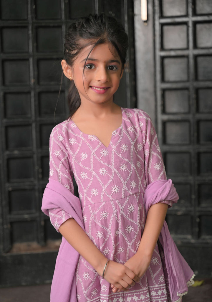 Orchid chikankari anarkali 3 Piece set - twinning option for Girls  |  Made To Order