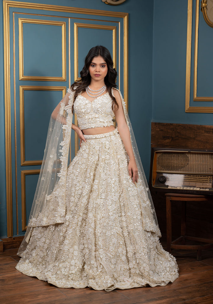 Exquisite Floral Ivory Lehenga with hand-embroidery in Net ,Customizable, Made to Order