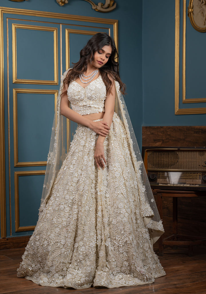 Exquisite Floral Ivory Lehenga with hand-embroidery in Net ,Customizable, Made to Order