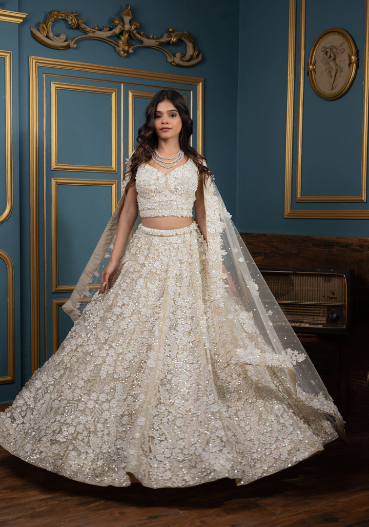 Exquisite Floral Ivory Lehenga with hand-embroidery in Net ,Customizable, Made to Order