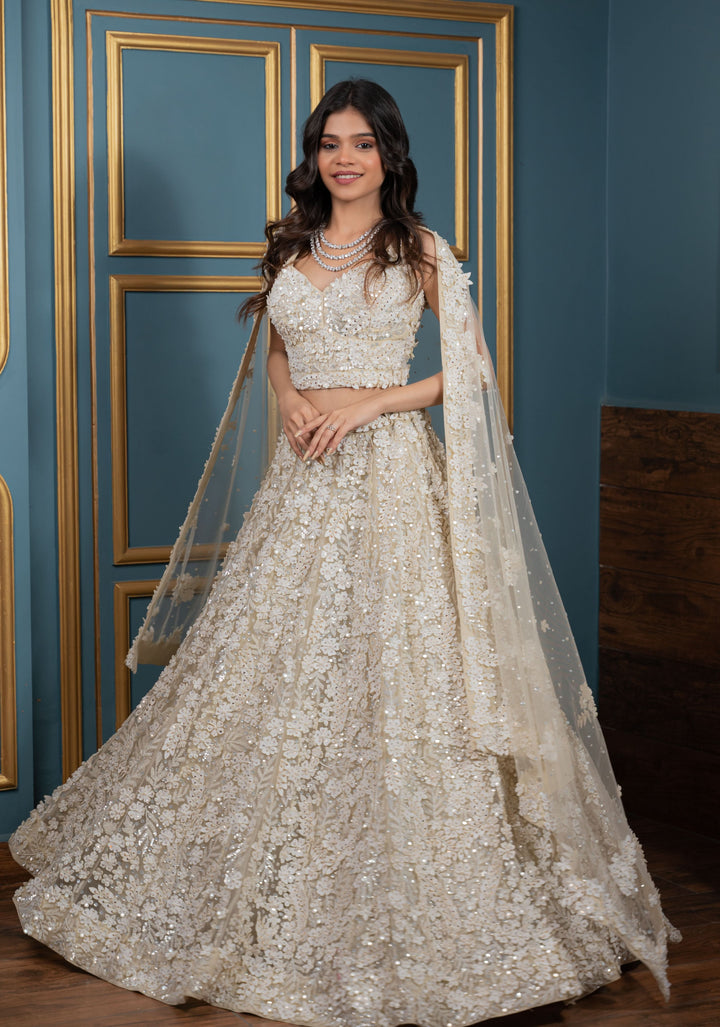 Exquisite Floral Ivory Lehenga with hand-embroidery in Net ,Customizable, Made to Order