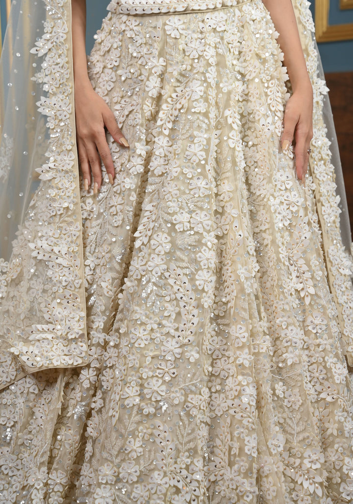 Exquisite Floral Ivory Lehenga with hand-embroidery in Net ,Customizable, Made to Order