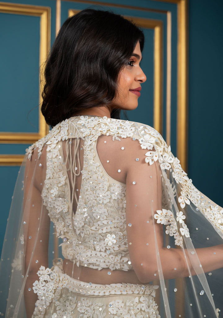 Exquisite Floral Ivory Lehenga with hand-embroidery in Net ,Customizable, Made to Order