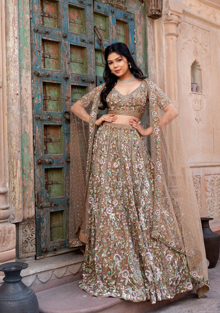 Lehenga: Chikoo Brown Glamour Lehenga with embellishments in Net, Customizable, Made to Order
