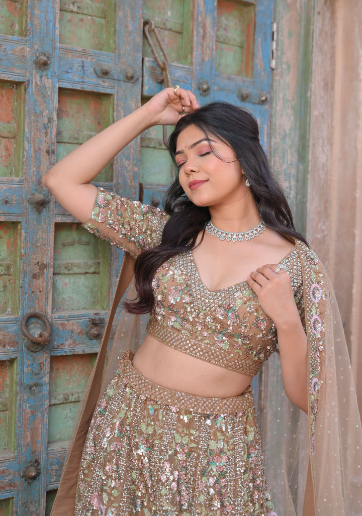 Lehenga: Chikoo Brown Glamour Lehenga with embellishments in Net, Customizable, Made to Order