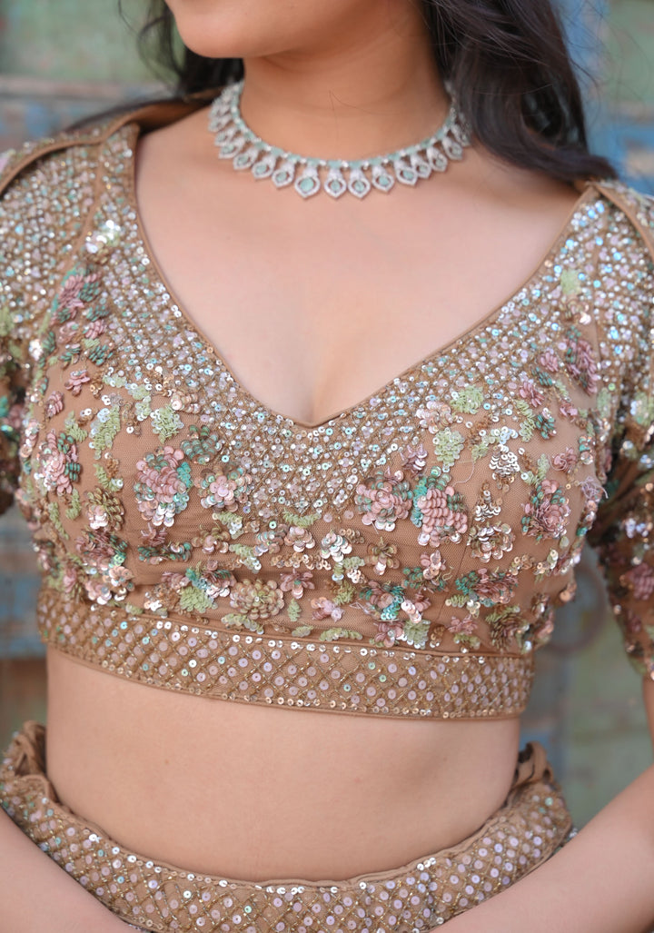 Lehenga: Chikoo Brown Glamour Lehenga with embellishments in Net, Customizable, Made to Order