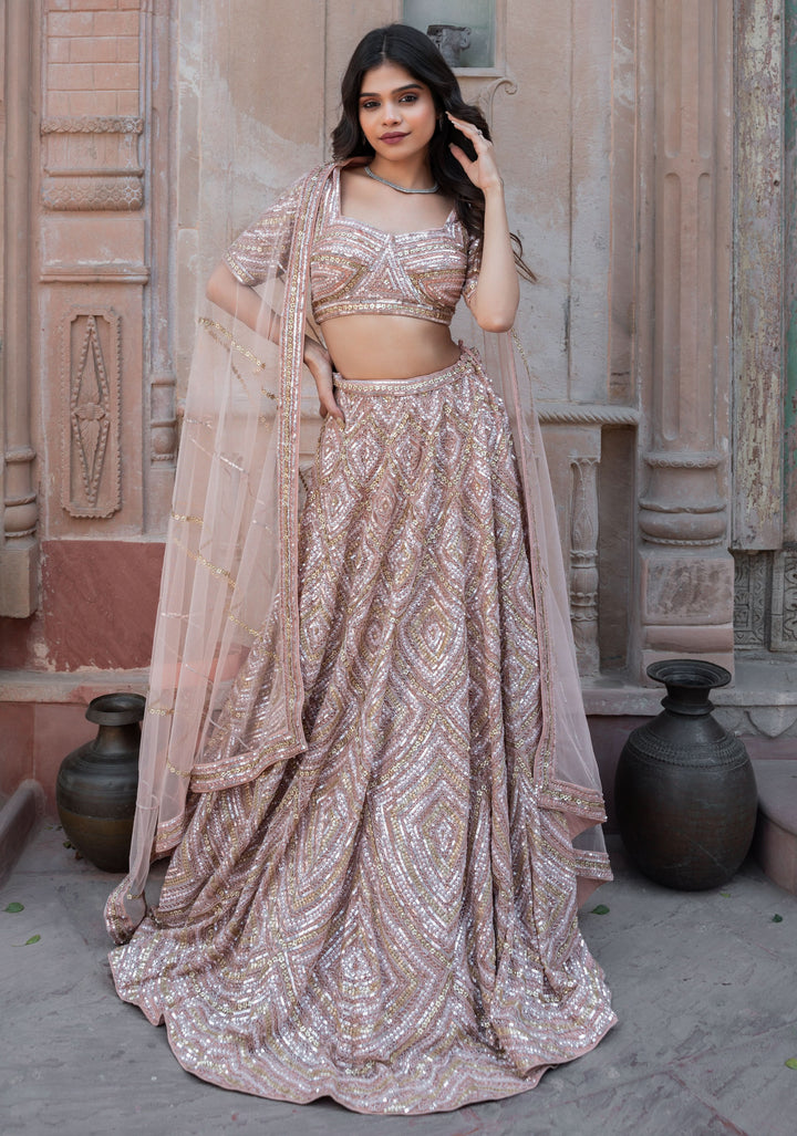 Exquisite Pastel Pink Lehenga with hand-embroidery in Net, Customizable, Made to Order
