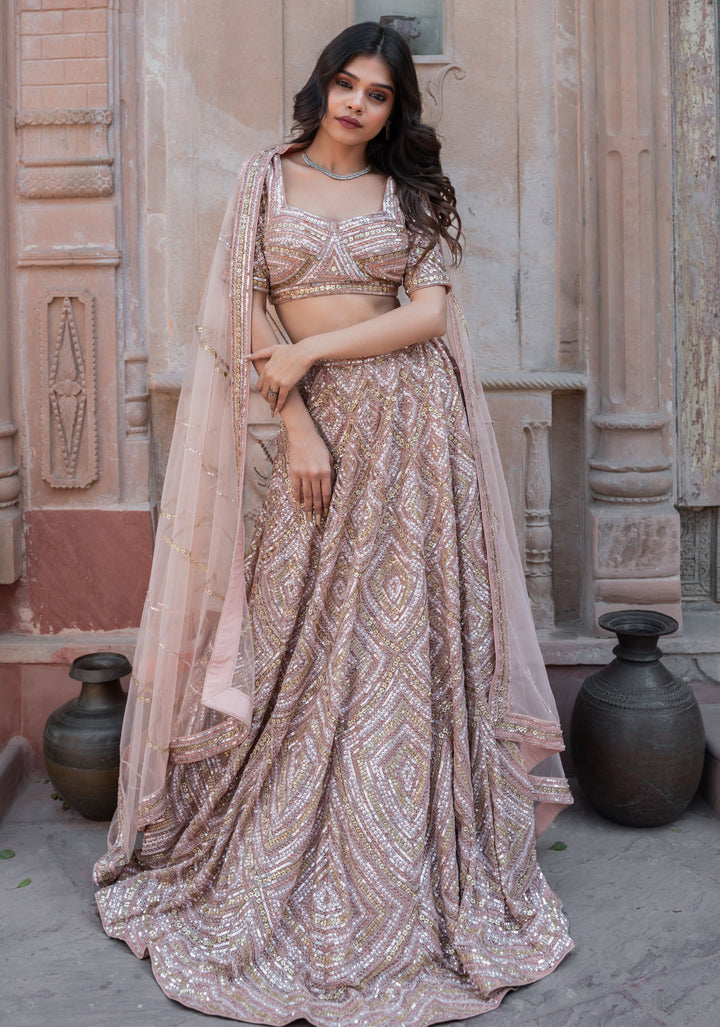 Exquisite Pastel Pink Lehenga with hand-embroidery in Net, Customizable, Made to Order