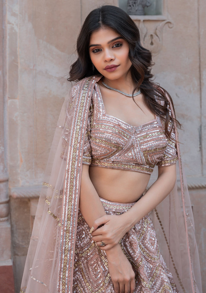 Exquisite Pastel Pink Lehenga with hand-embroidery in Net, Customizable, Made to Order