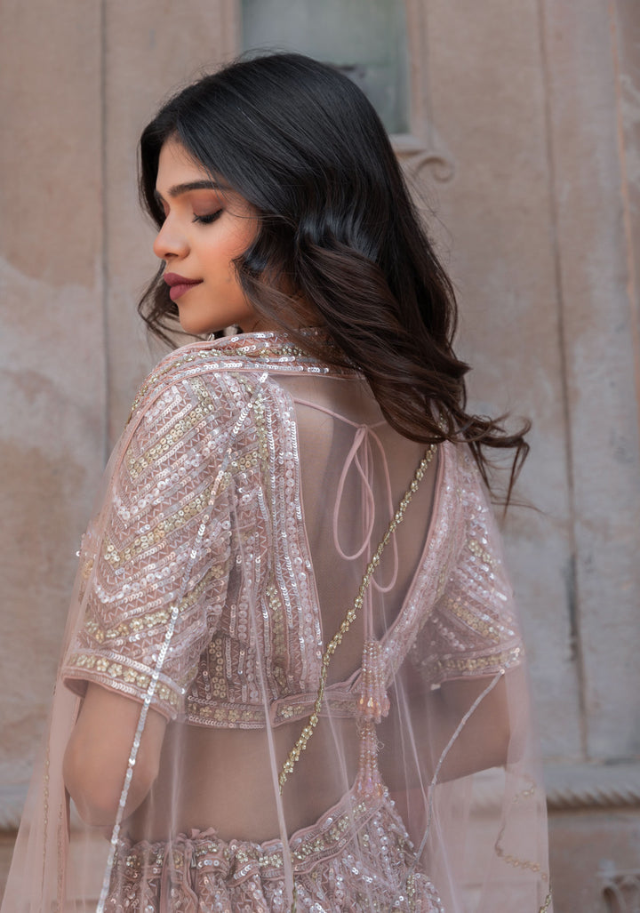 Exquisite Pastel Pink Lehenga with hand-embroidery in Net, Customizable, Made to Order