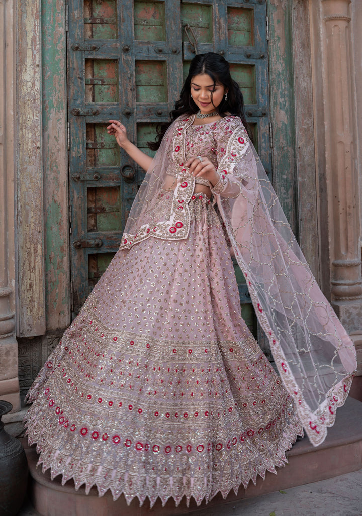Exquisite Blossom Pink Lehenga with hand-embroidery in organza, Customizable, Made to Order