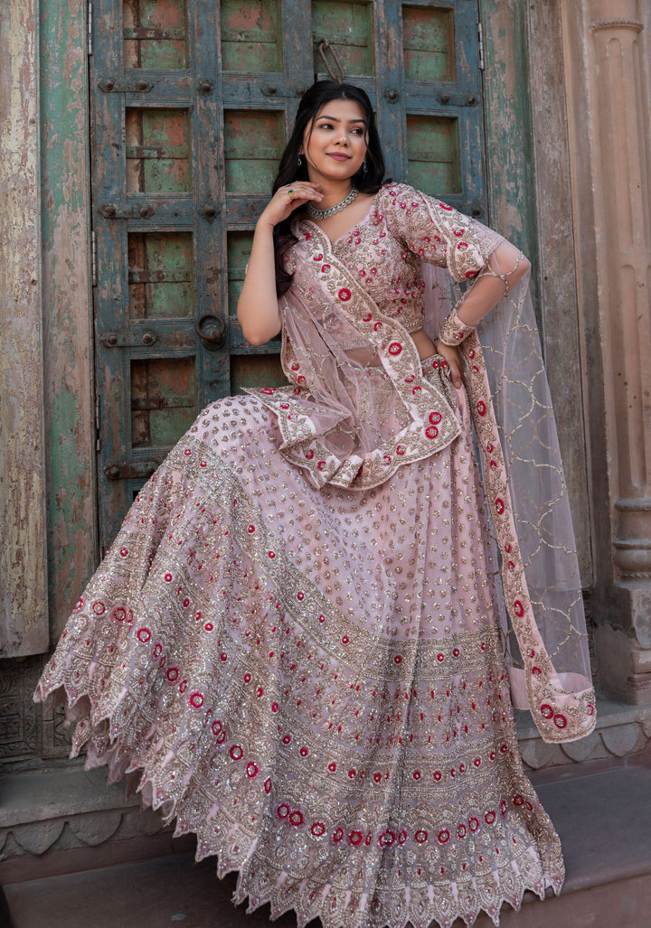 Exquisite Blossom Pink Lehenga with hand-embroidery in organza, Customizable, Made to Order