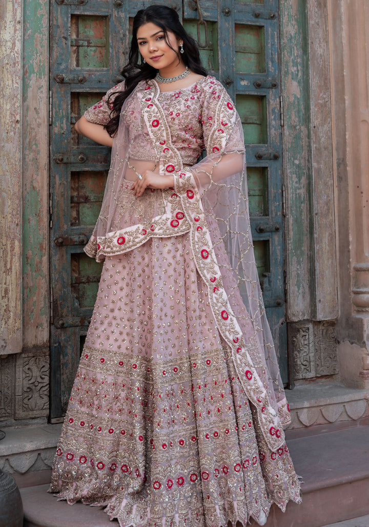 Exquisite Blossom Pink Lehenga with hand-embroidery in organza, Customizable, Made to Order