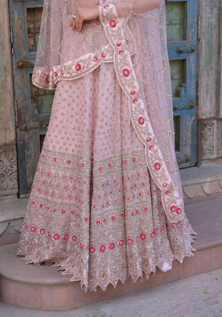 Exquisite Blossom Pink Lehenga with hand-embroidery in organza, Customizable, Made to Order