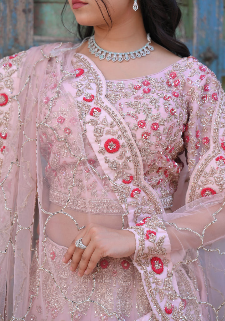 Exquisite Blossom Pink Lehenga with hand-embroidery in organza, Customizable, Made to Order