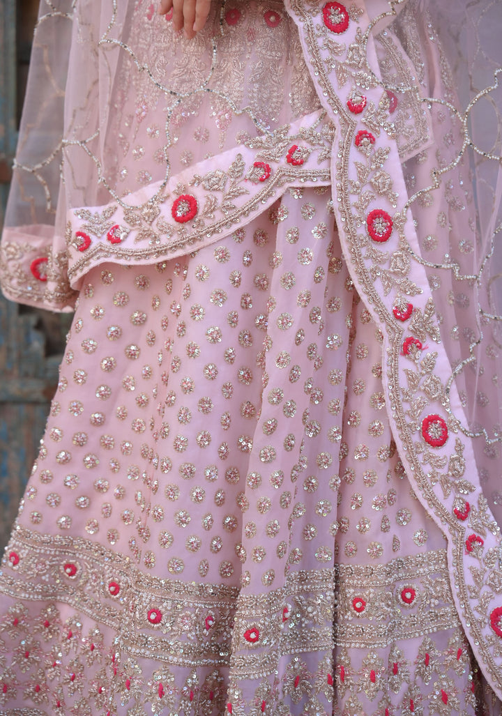 Exquisite Blossom Pink Lehenga with hand-embroidery in organza, Customizable, Made to Order