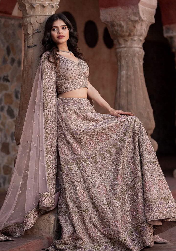 Exquisite Dusty Rose Lehenga with hand-embroidery in Net, Customizable, Made to Order