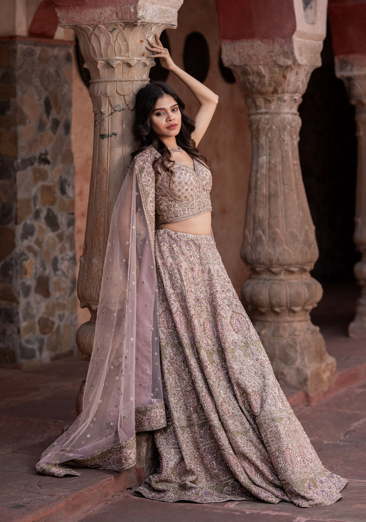 Exquisite Dusty Rose Lehenga with hand-embroidery in Net, Customizable, Made to Order