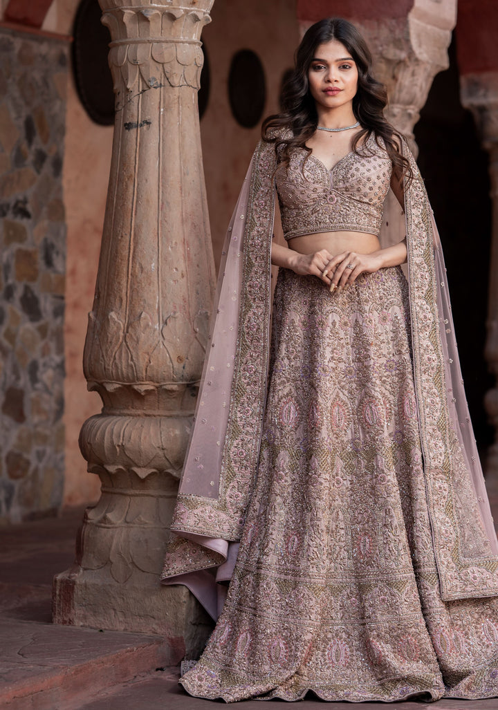 Exquisite Dusty Rose Lehenga with hand-embroidery in Net, Customizable, Made to Order