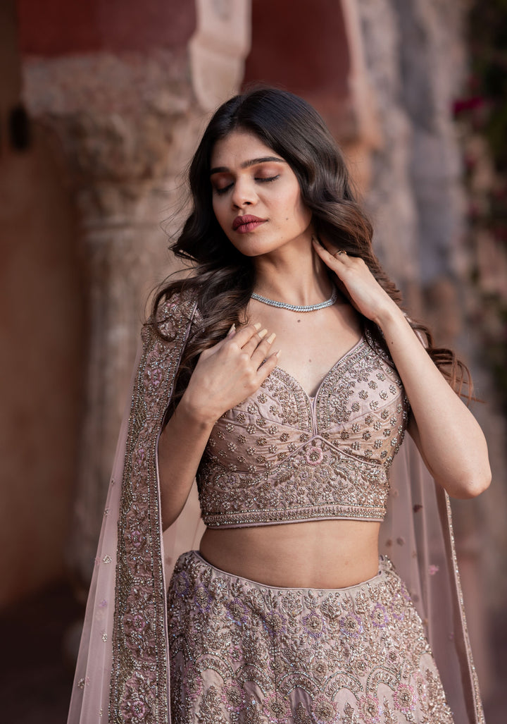 Exquisite Dusty Rose Lehenga with hand-embroidery in Net, Customizable, Made to Order