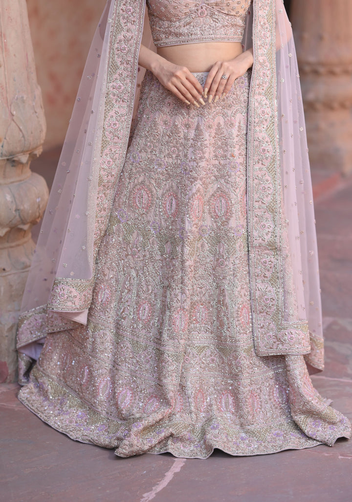 Exquisite Dusty Rose Lehenga with hand-embroidery in Net, Customizable, Made to Order