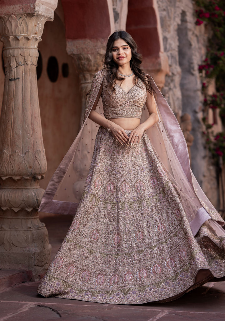 Exquisite Dusty Rose Lehenga with hand-embroidery in Net, Customizable, Made to Order