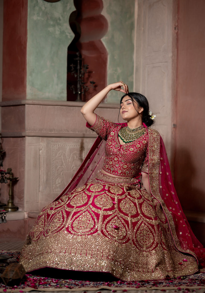 Red Lehenga with hand-embroidery in Raw Silk, Customizable, Made to Order