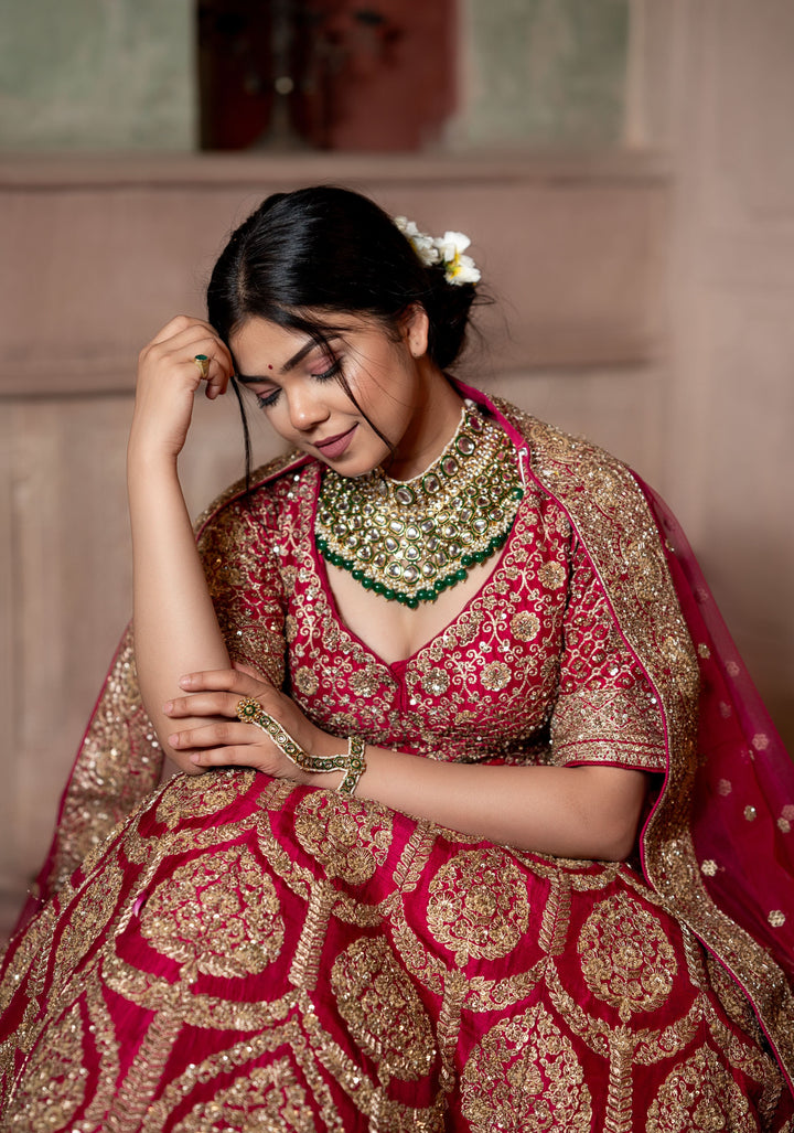 Red Lehenga with hand-embroidery in Raw Silk, Customizable, Made to Order