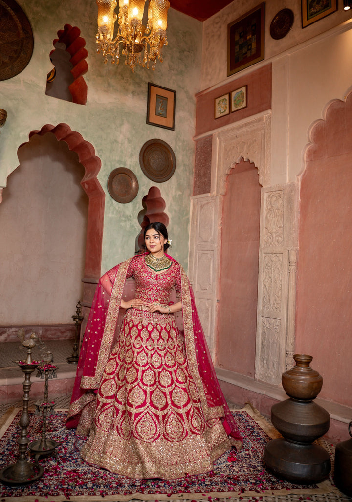 Red Lehenga with hand-embroidery in Raw Silk, Customizable, Made to Order