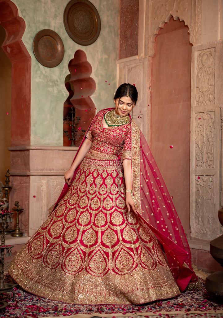 Red Lehenga with hand-embroidery in Raw Silk, Customizable, Made to Order