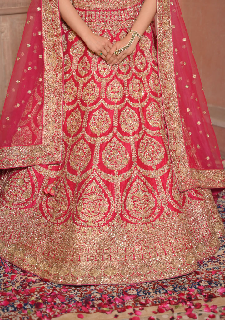 Red Lehenga with hand-embroidery in Raw Silk, Customizable, Made to Order