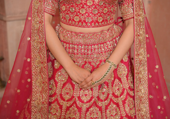 Red Lehenga with hand-embroidery in Raw Silk, Customizable, Made to Order