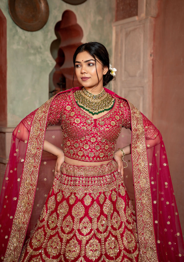 Red Lehenga with hand-embroidery in Raw Silk, Customizable, Made to Order