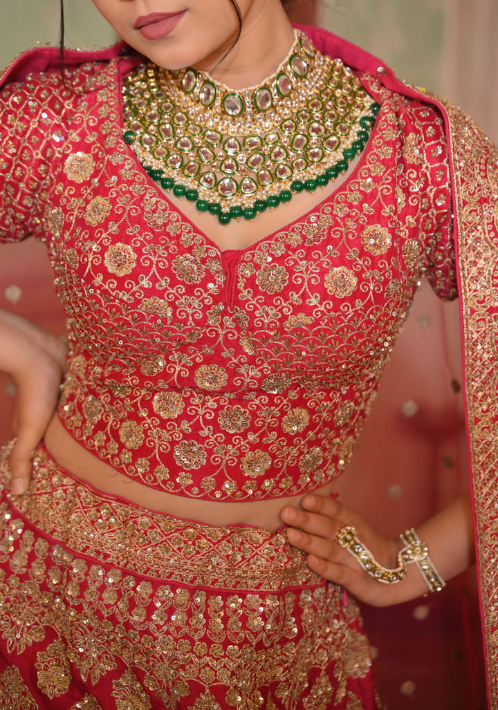 Red Lehenga with hand-embroidery in Raw Silk, Customizable, Made to Order
