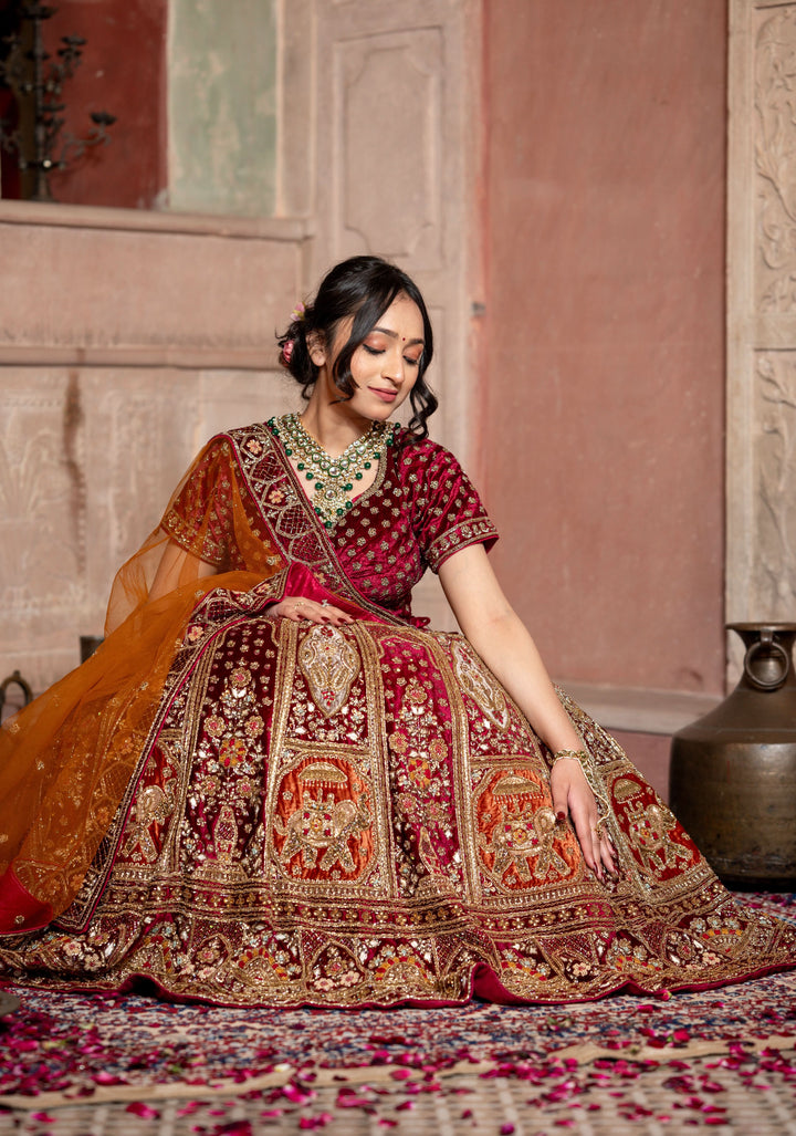 Lehenga : Exquisite Maroon Sunrise Affair Lehenga with hand-embroidery in Micro velvet, Customizable, Made to Order