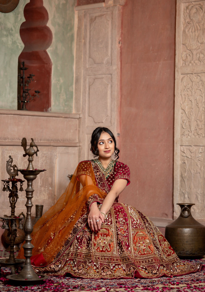 Lehenga : Exquisite Maroon Sunrise Affair Lehenga with hand-embroidery in Micro velvet, Customizable, Made to Order