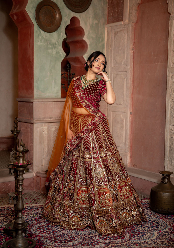 Lehenga : Exquisite Maroon Sunrise Affair Lehenga with hand-embroidery in Micro velvet, Customizable, Made to Order