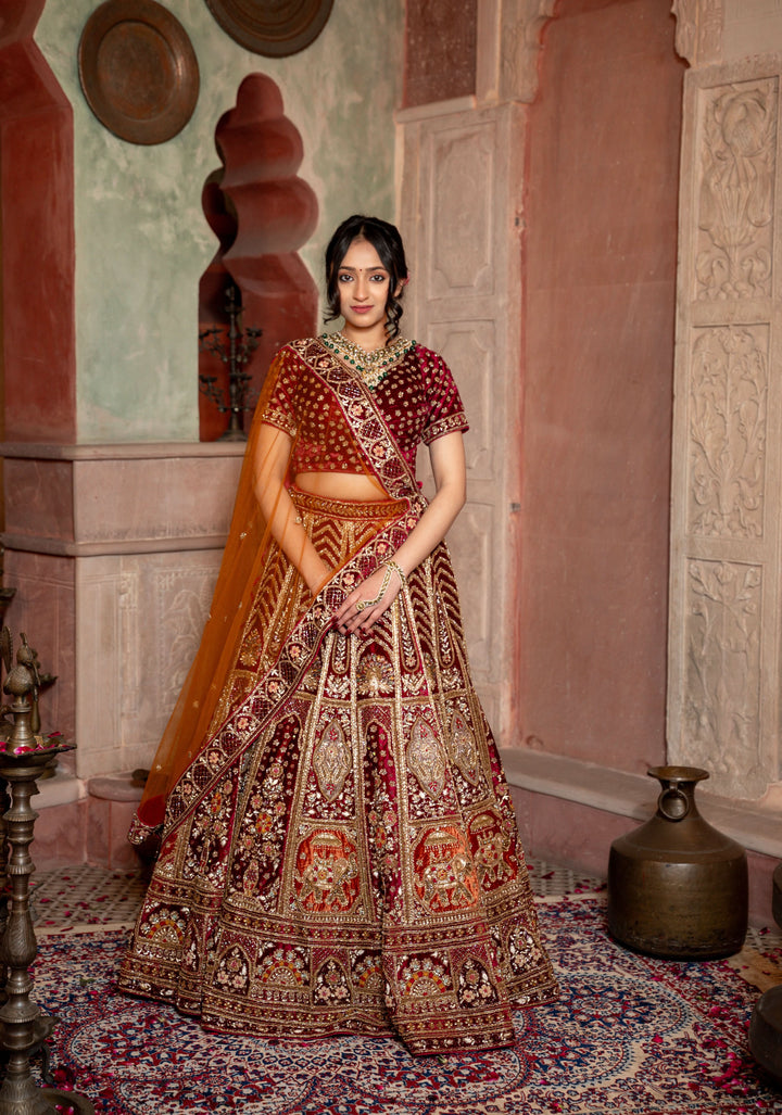 Lehenga : Exquisite Maroon Sunrise Affair Lehenga with hand-embroidery in Micro velvet, Customizable, Made to Order