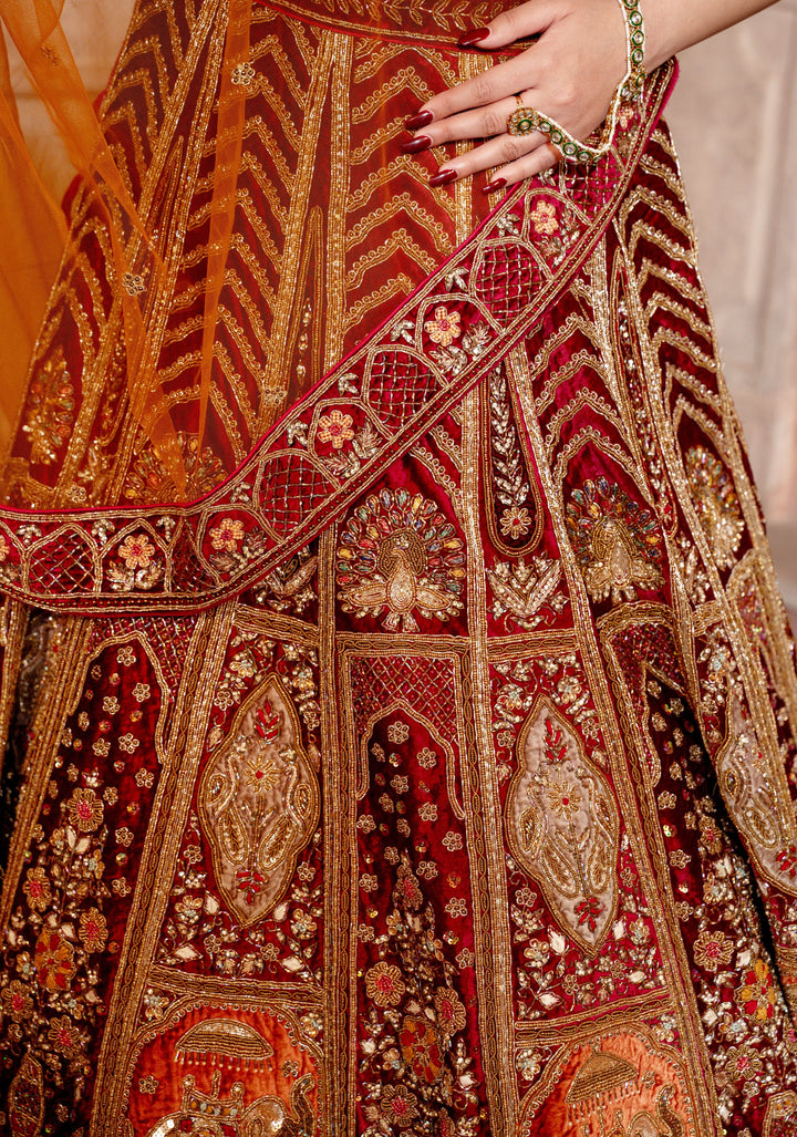Lehenga : Exquisite Maroon Sunrise Affair Lehenga with hand-embroidery in Micro velvet, Customizable, Made to Order