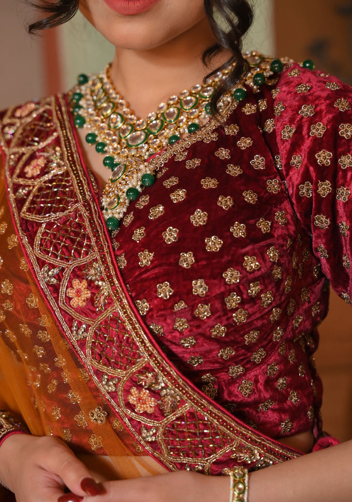 Lehenga : Exquisite Maroon Sunrise Affair Lehenga with hand-embroidery in Micro velvet, Customizable, Made to Order