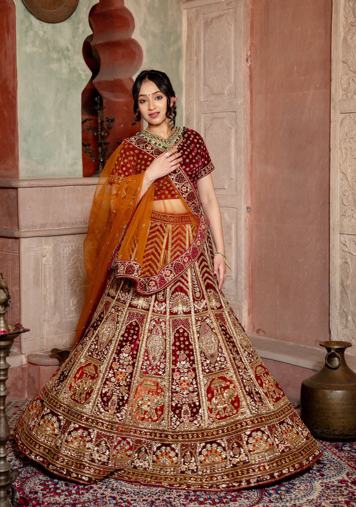 Lehenga : Exquisite Maroon Sunrise Affair Lehenga with hand-embroidery in Micro velvet, Customizable, Made to Order