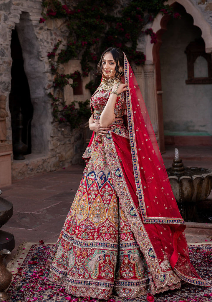 Exquisite Maurya Heritage Lehenga with hand-embroidery in Raw Silk , Customizable, Made to Order