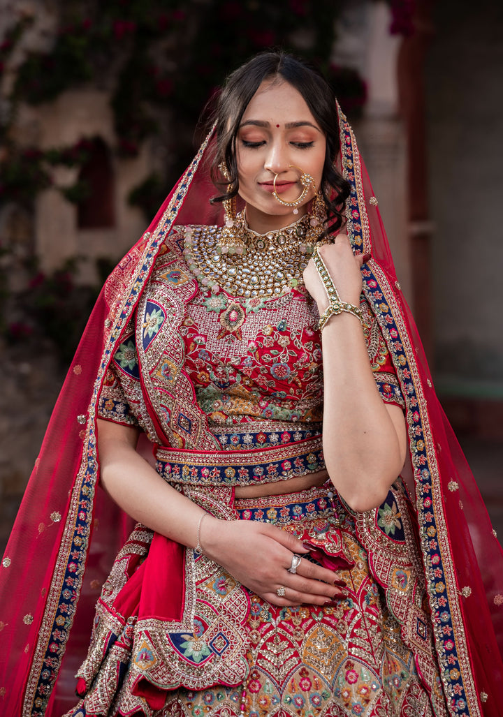 Exquisite Maurya Heritage Lehenga with hand-embroidery in Raw Silk , Customizable, Made to Order