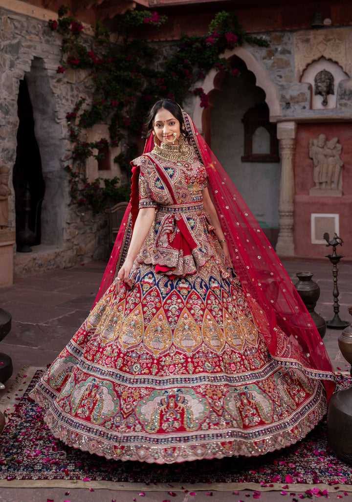 Exquisite Maurya Heritage Lehenga with hand-embroidery in Raw Silk , Customizable, Made to Order
