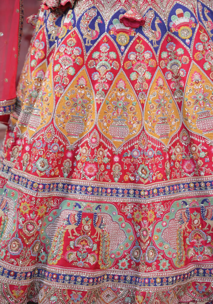 Exquisite Maurya Heritage Lehenga with hand-embroidery in Raw Silk , Customizable, Made to Order